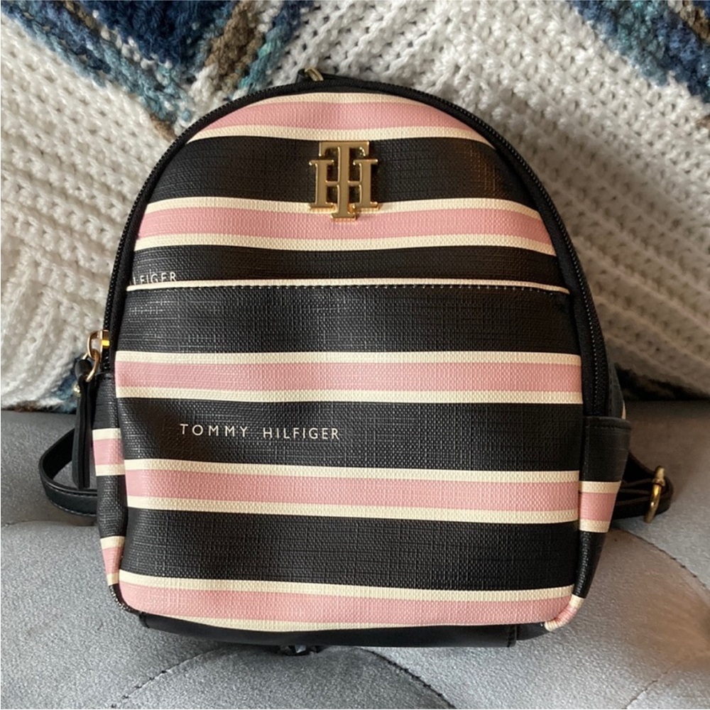 Tommy Hilfiger Mini Backpack purse in Black,Pink, White and Gold Plated Zippers